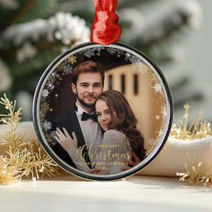 Our First Christmas Mr And Mrs Gilded Couple Photo Metal Ornament