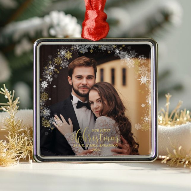 Our First Christmas Mr And Mrs Gilded Couple Photo Metal Ornament (Creator Uploaded)
