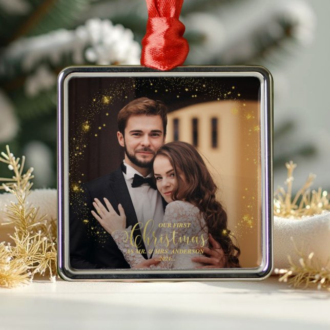 Our First Christmas Mr And Mrs Gilded Couple Photo Metal Ornament (Creator Uploaded)