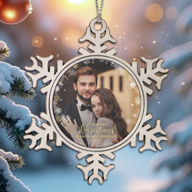 Our First Christmas Mr And Mrs Gilded Couple Photo Snowflake Pewter Christmas Ornament (Creator Uploaded)