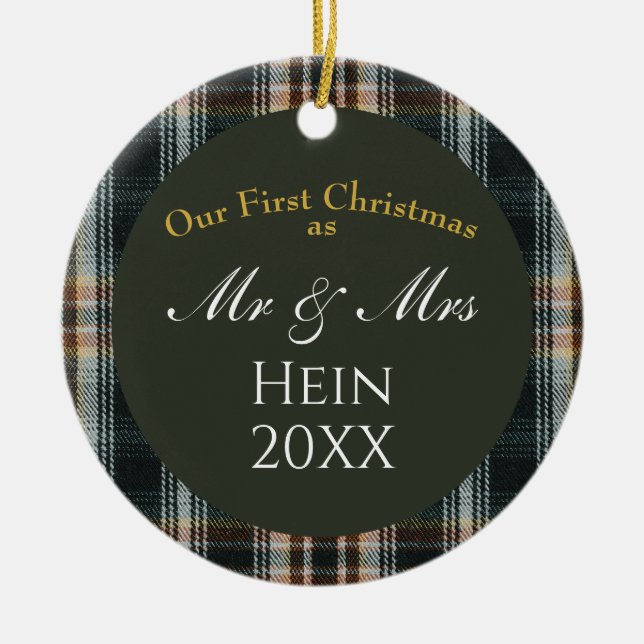 Our First Christmas Mr and Mrs Green Plaid Ceramic Ornament (Front)