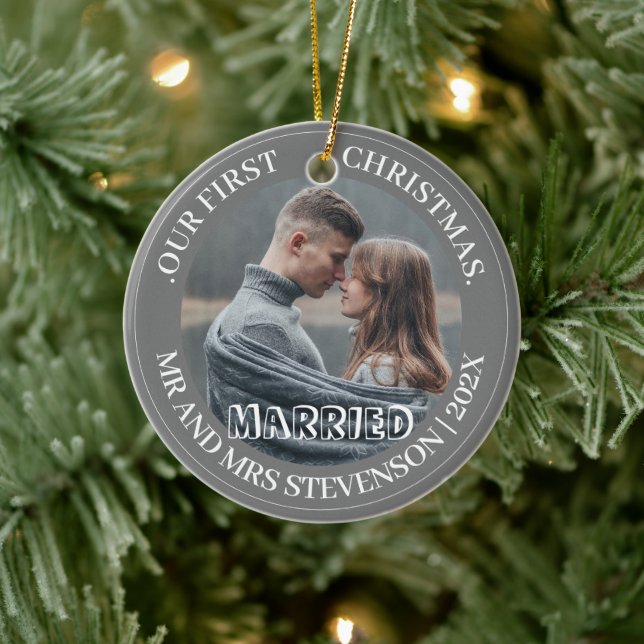 Our first Christmas Mr. and Mrs. newlywed elegant Ceramic Ornament (Tree)