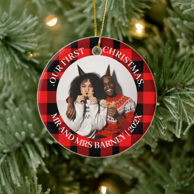 Our first Christmas Mr. and Mrs. newlywed elegant Ceramic Ornament (Tree)