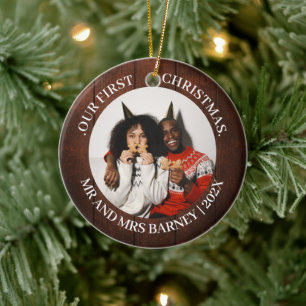 Our first Christmas Mr. and Mrs. newlywed elegant Ceramic Ornament