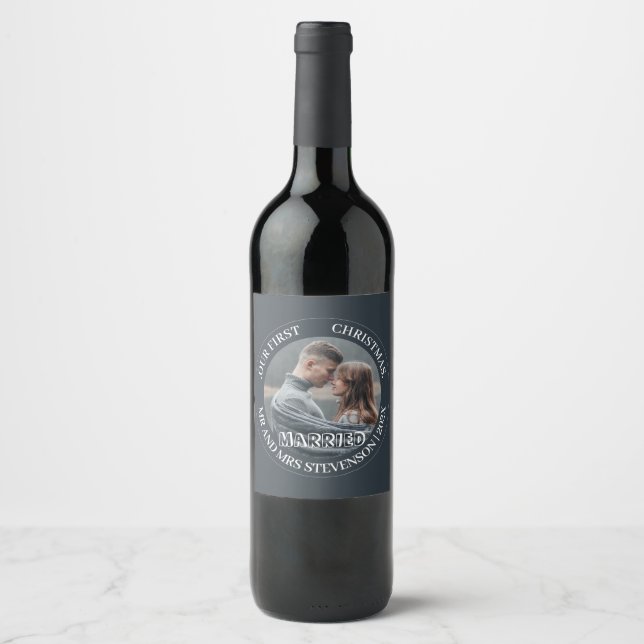 Our first Christmas Mr. and Mrs. newlywed elegant Wine Label (Front)