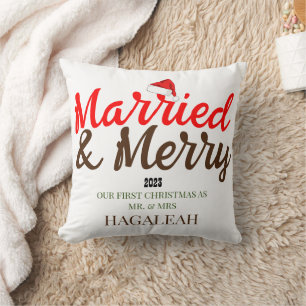 Our First Christmas Mr. and Mrs. Newlywed Merry Throw Pillow
