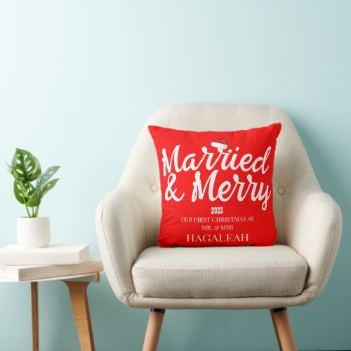 Our First Christmas Mr and Mrs Newlywed Merry Throw Pillow