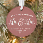 Our first Christmas Mr. and Mrs. newlywed Ornament<br><div class="desc">This "Our first Christmas as Mr. and Mrs." ornament featuring unique script typography and a full photo is the perfect way to commemorate your first married Christmas. The type is on a stylish terracotta red background which can be changed by clicking "customize further."</div>