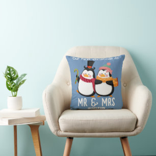 Our First Christmas Mr. and Mrs. Newlywed Penguin Throw Pillow