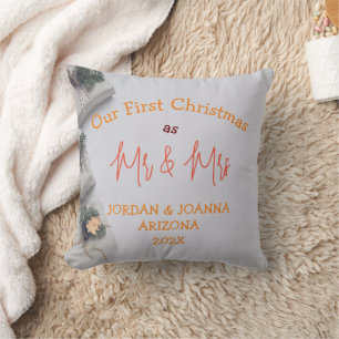 Our first Christmas Mr. and Mrs. newlywed White Throw Pillow