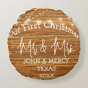 Our first Christmas Mr. and Mrs. newlywed wood Round Pillow