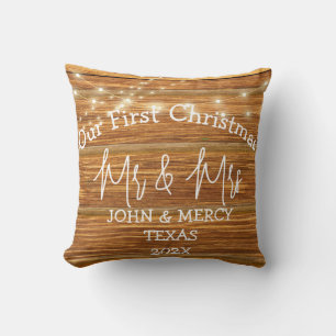 Our first Christmas Mr. and Mrs. newlywed wood  Throw Pillow