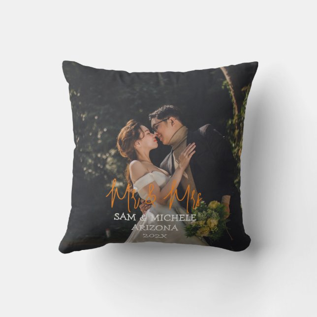 Our first Christmas Mr. and Mrs. newlywed wood  Throw Pillow (Back)