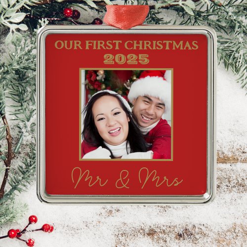 Our First Christmas Mr And Mrs Photo Red And Gold Metal Ornament