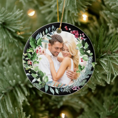 Our First Christmas Mr and Mrs Photo Wreath Ceramic Ornament