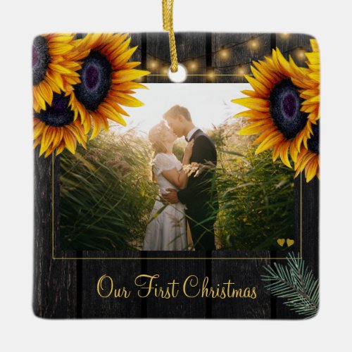 Our first Christmas Mr and Mrs rustic wood photo Ceramic Ornament
