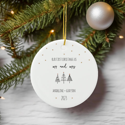Our First Christmas Mr and Mrs Simple Trees Ceramic Ornament | Zazzle