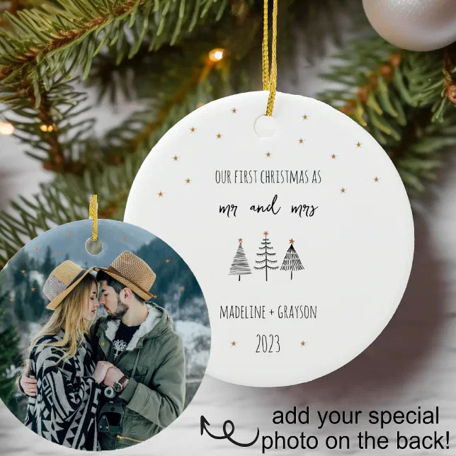 Our First Christmas Mr and Mrs Simple Trees Ceramic Ornament | Zazzle