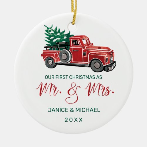 Our First Christmas Mr and Mrs Vintage Truck Photo Ceramic Ornament