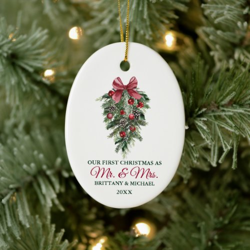 Our First Christmas Mr and Mrs Watercolor Pines  Ceramic Ornament