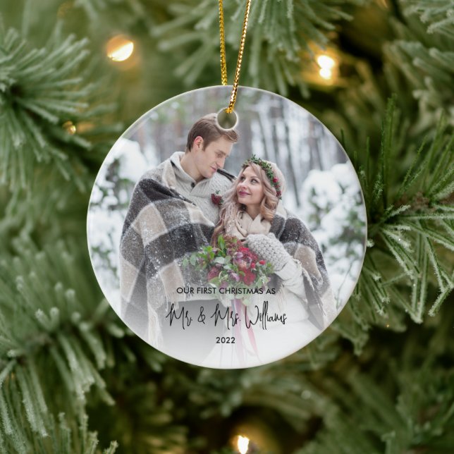 Our First Christmas Mr and Mrs Wedding Photo Ceramic Ornament (Tree)