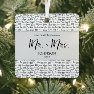Our First Christmas Mr. and Mrs. Wedding Photo Metal Ornament
