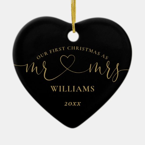 Our First Christmas Mr Mrs Black Gold Love Heart Ceramic Ornament