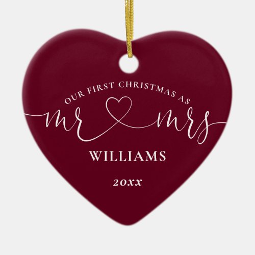 Our First Christmas Mr Mrs Burgundy Heart Script Ceramic Ornament