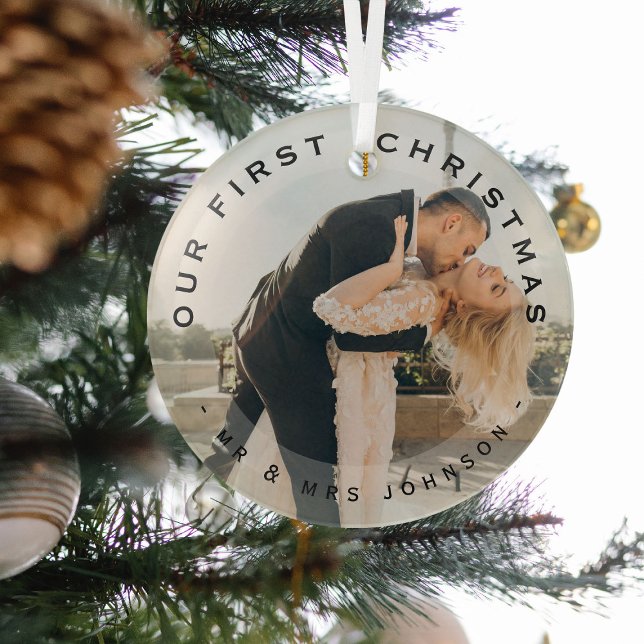 Our First Christmas Mr & Mrs Couple Photo Glass Ornament (Creator Uploaded)