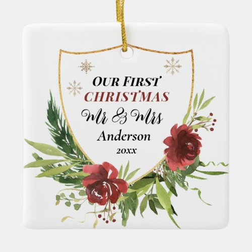 Our First Christmas Mr  Mrs Elegant Floral Ceramic Ornament