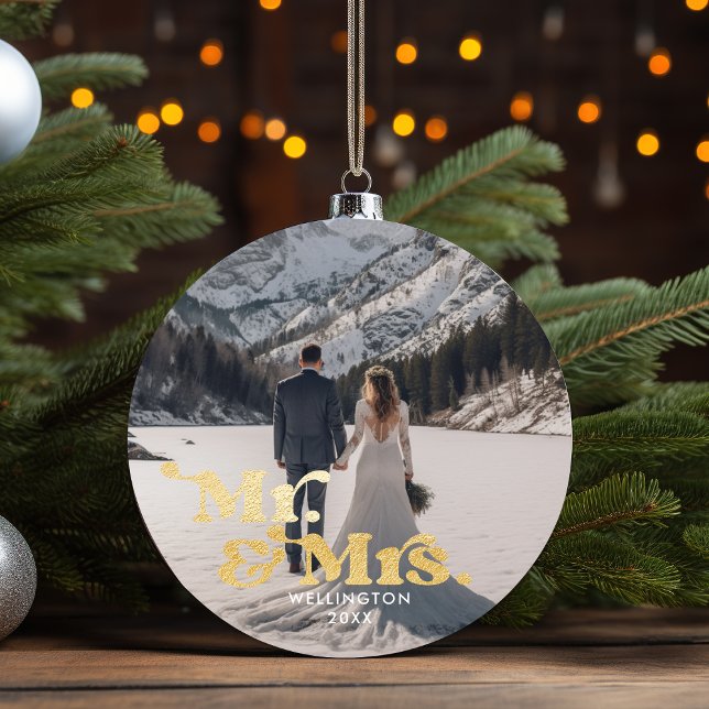 Our First Christmas Mr & Mrs Elegant Wedding Photo Ceramic Ornament (Our First Christmas Mr & Mrs Elegant Wedding Photo Ceramic Ornament)