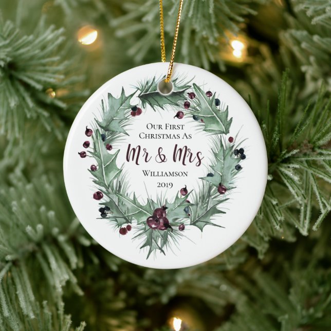 Our First Christmas Mr. & Mrs-First Married Photo Ceramic Ornament (Tree)