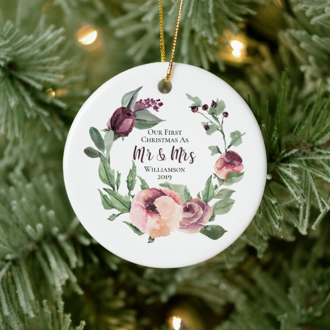 Our First Christmas Mr. & Mrs-First Married Photo Ceramic Ornament (Tree)