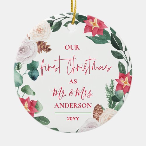 Our First Christmas Mr  Mrs Floral Wreath Photo Ceramic Ornament