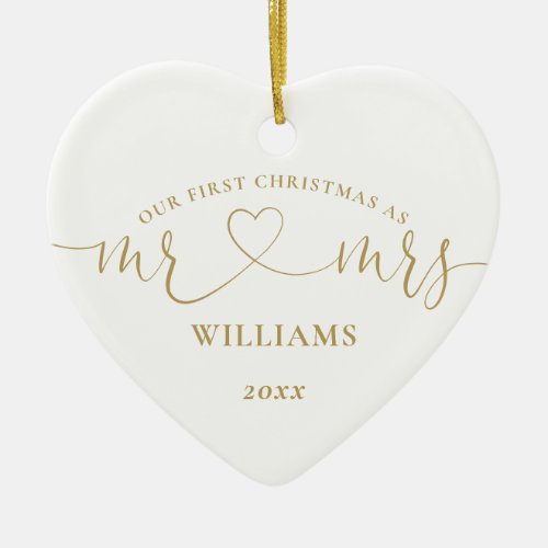 Our First Christmas Mr Mrs Gold Heart Script Photo Ceramic Ornament