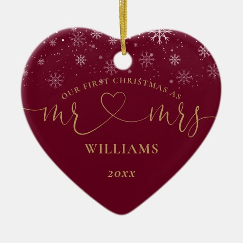 Our First Christmas Mr Mrs Gold Heart Script Snow Ceramic Ornament