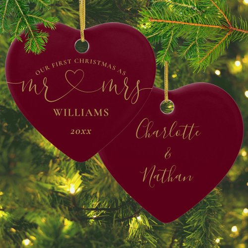 Our First Christmas Mr Mrs Gold Love Heart Script Ceramic Ornament