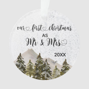 Our First Christmas Mr & Mrs Hand Lettered Pine Ornament