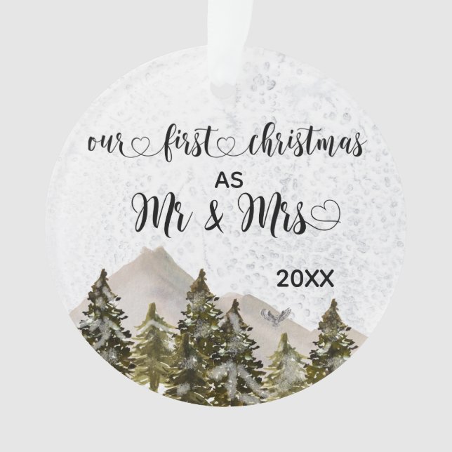Our First Christmas Mr & Mrs Hand Lettered Pine Ornament (Front)
