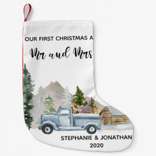 Our First Christmas Mr & Mrs Hand Truck Woodland Small Christmas Stocking