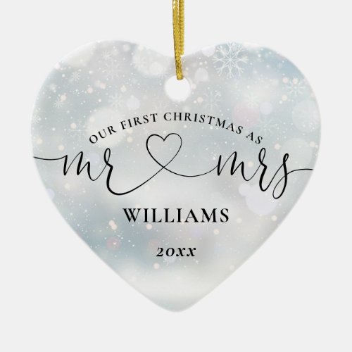 Our First Christmas Mr Mrs Love Heart Snowflakes Ceramic Ornament