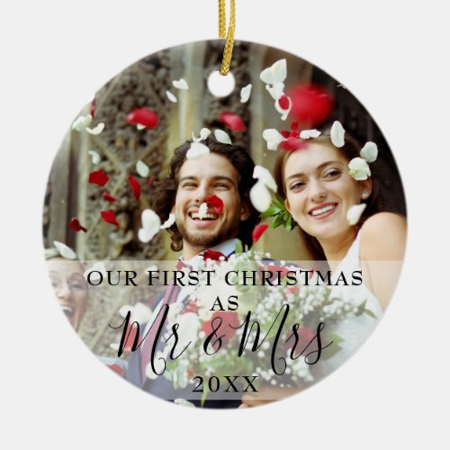 Our First Christmas Mr Mrs Name Photo Holiday Ceramic Ornament
