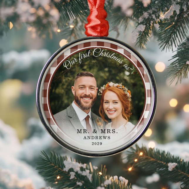 Our First Christmas-Mr. & Mrs. Photo Brown Gingham Metal Ornament (Our First Christmas-Mr. & Mrs. Photo Brown Gingham Metal Ornament)