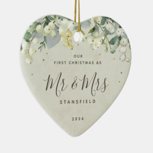 Our First Christmas Mr & Mrs Photo Heart Shaped Ceramic Ornament