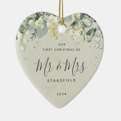 Our First Christmas Mr  Mrs Photo Heart Shaped Ceramic Ornament