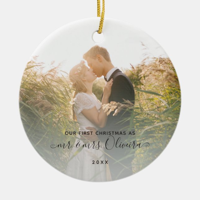 Our First Christmas Mr Mrs Photo Married Couple Ceramic Ornament (Front)