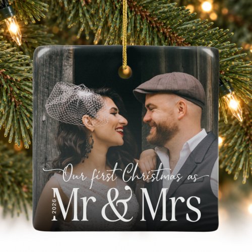 Our First Christmas Mr & Mrs Photo Newlywed Ceramic Ornament