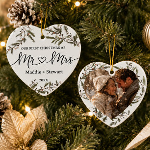 Our First Christmas Mr & Mrs Photo Newlywed Heart Ceramic Ornament