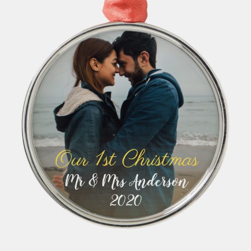 Our First Christmas Mr Mrs Photo Round Metal Ornament