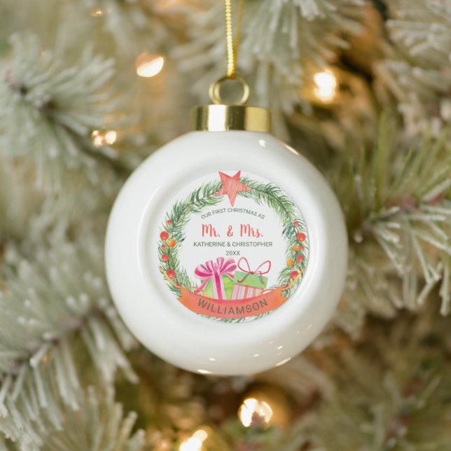 Our First Christmas Mr. & Mrs. Pretty Wreath  Ceramic Ball Christmas Ornament (Tree)
